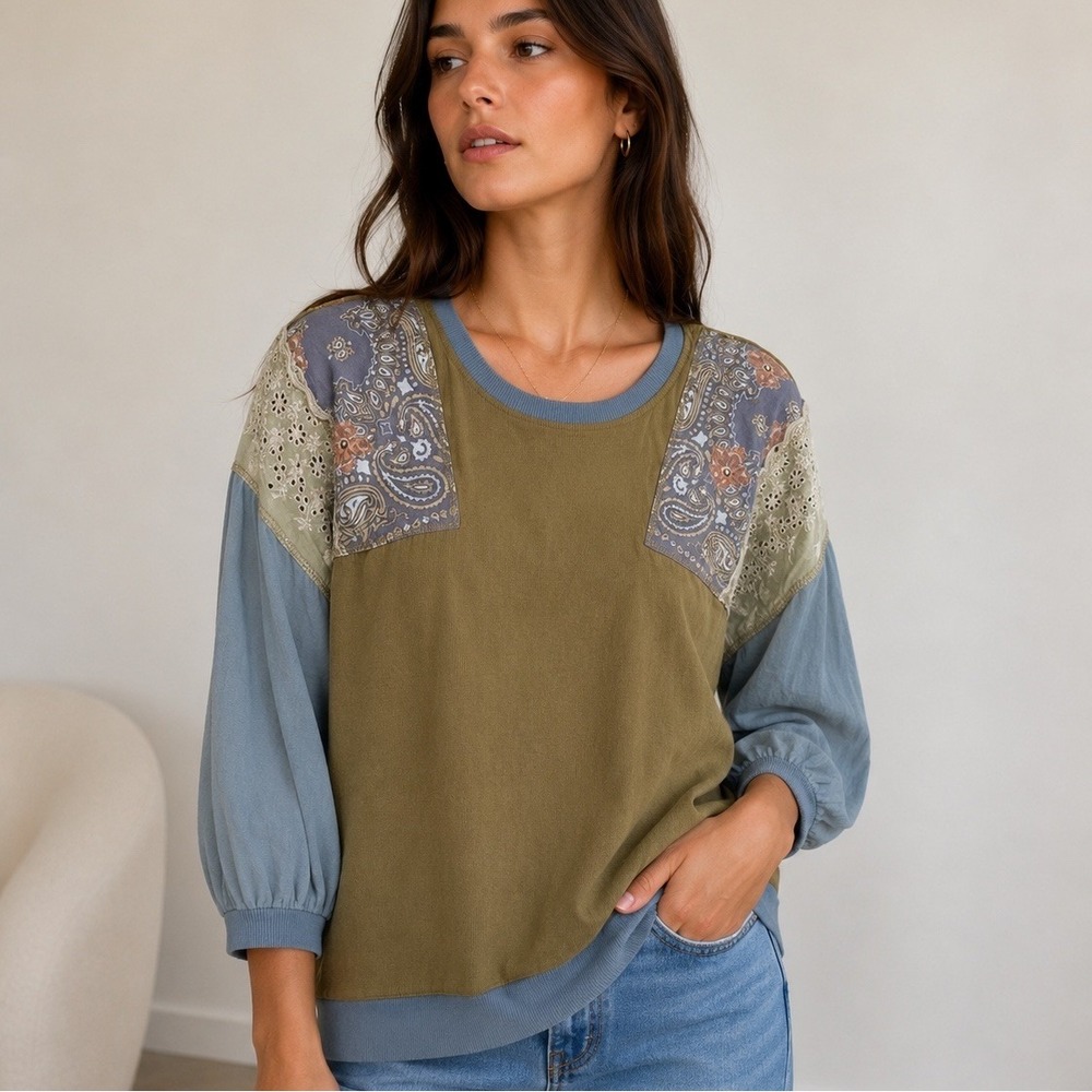 We The Free Free People XS Handkerchief Patchwork Boho Western Tunic Top Blue
